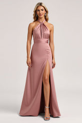 Neckholder Rosa A-Linie Satin Brautjungfernkleid